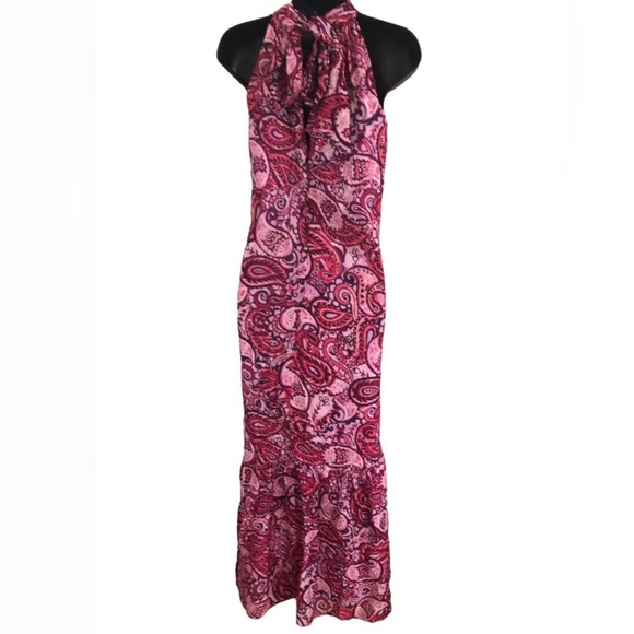 Cynthia Steffe fuchsia red pink combo silk like tiered halter maxi dress‎ size L - Picture 8 of 8